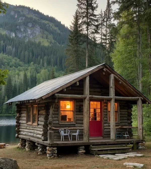 Cabana rústica na floresta próximo do lago