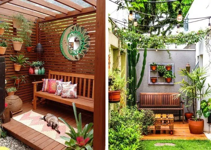 Canto com banco de madeira e jardim
