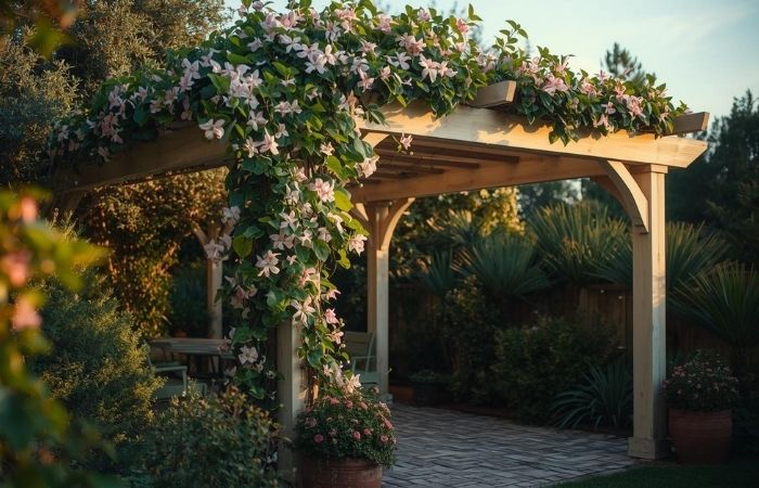 pergolado de madeira com plantas flor de cera