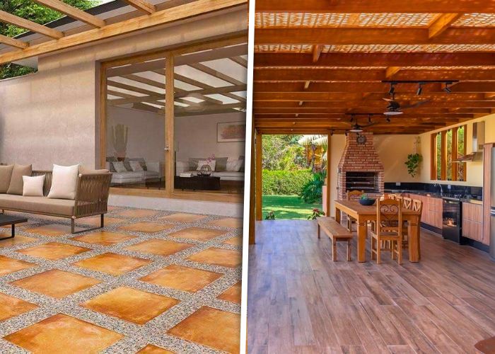 Área externa com piso rústico em pedra natural que valoriza o espaço
