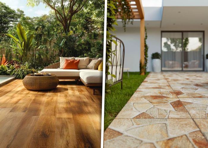 Área externa com piso rústico simples que une economia e estilo