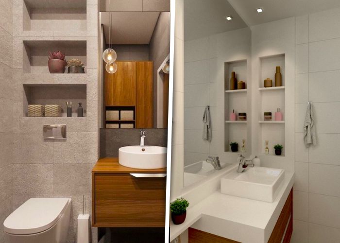 Banheiro com nicho embutido no box em porcelanato que traz um visual moderno