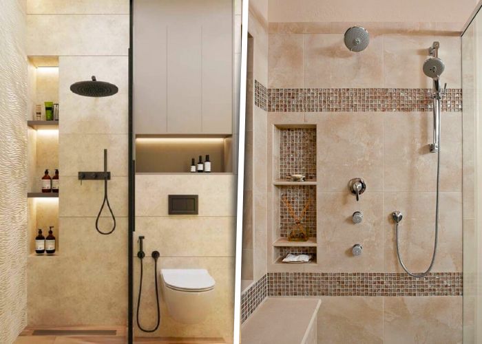 Banheiro moderno com nicho embutido que valoriza organização e decoração