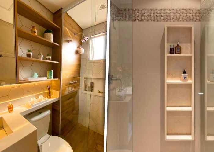 Banheiros com nichos embutidos iluminados que destacam a decoração