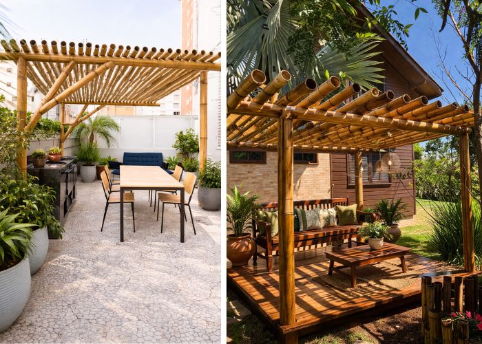 pergolado de bambu com vegetação ao redor