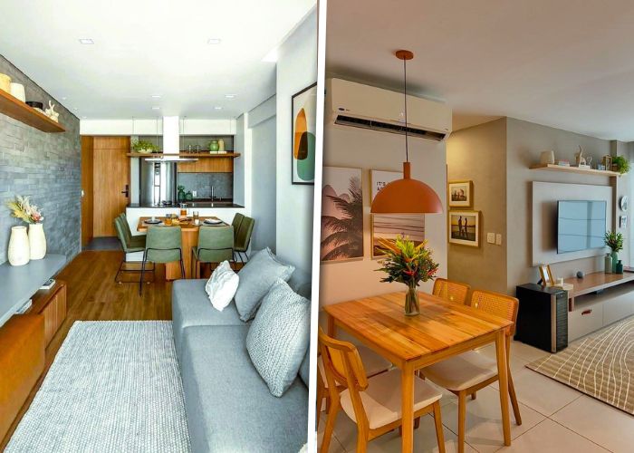 Ideias de sala de estar e jantar integradas pequenas com decoração moderna e funcional