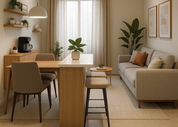 Sala de estar e jantar pequenas integradas com decoração leve e funcional para o dia a dia