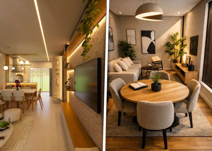 Decoração de sala de estar e jantar integradas pequenas com móveis bem distribuídos