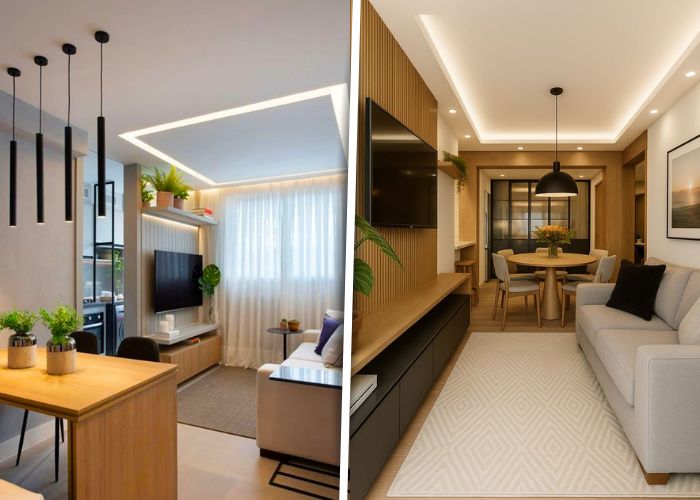 Ambientes integrados de sala de estar e jantar pequenos e simples que valorizam cada detalhe