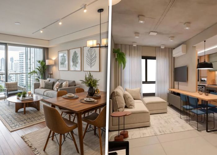 Modelos de sala de estar e jantar integradas pequenas com estilo moderno e aconchegante