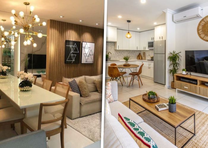 Sala de estar e jantar pequenas integradas com cores claras que deixam o ambiente mais amplo