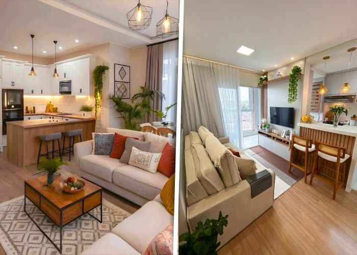 Sala de estar e jantar integradas pequenas e simples que aproveitam melhor o espaço com elegância