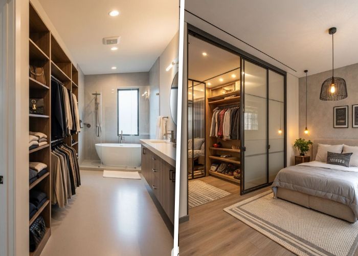 Closet com banheiro pequeno e portas de vidro que ampliam a sensação de espaço