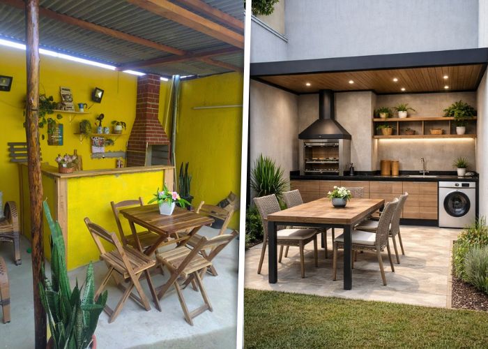 Espaço gourmet simples e pequeno com churrasqueira que une conforto e estilo moderno