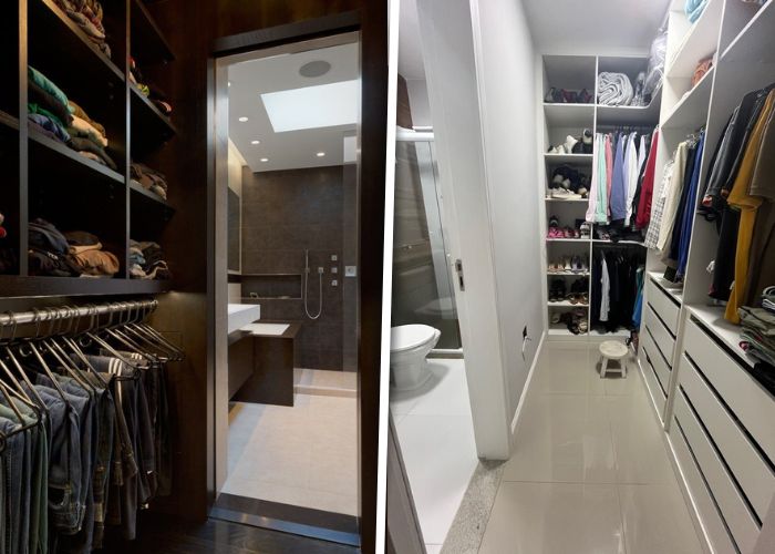 Inspirações de closet com banheiro pequeno e design moderno para espaços reduzidos