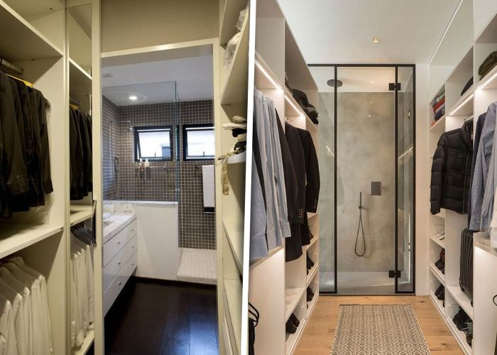 Closet com banheiro pequeno e acabamento em madeira que traz aconchego ao ambiente