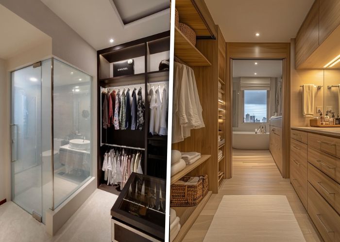 Projetos de closet com banheiro pequeno integrado que valorizam cada metro disponível