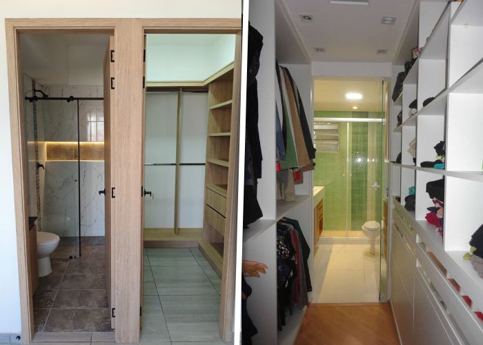 Closet pequeno com banheiro moderno que combina organização e elegância no mesmo espaço