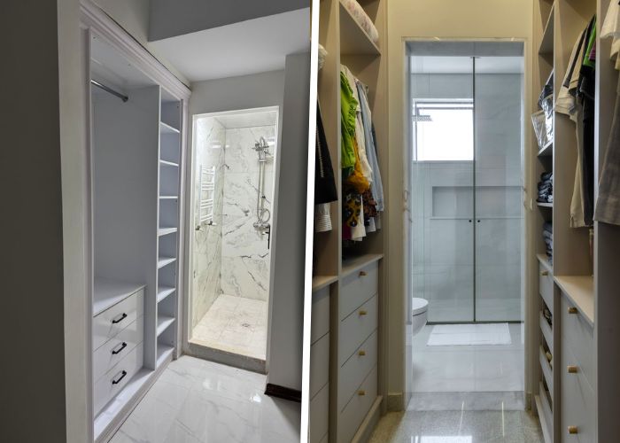 Modelos de closet com banheiro pequeno planejado com armários funcionais e elegantes