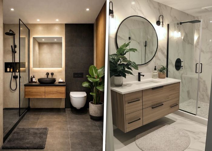 Ideias de banheiro amadeirado com branco e preto, criando contraste sofisticado e atual