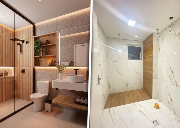 Modelos de banheiro amadeirado com branco planejado para ambientes funcionais e bonitos