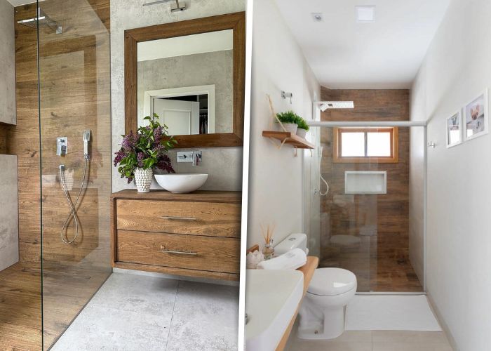 Banheiros modernos amadeirados com branco que valorizam design contemporâneo