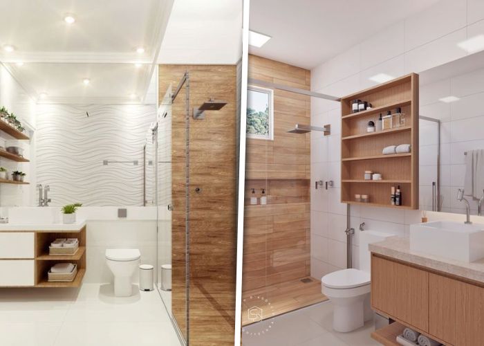 Inspirações de banheiro pequeno amadeirado com branco, ideal para otimizar espaços reduzidos