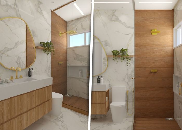 Banheiro amadeirado com nicho branco, solução prática e elegante para organização