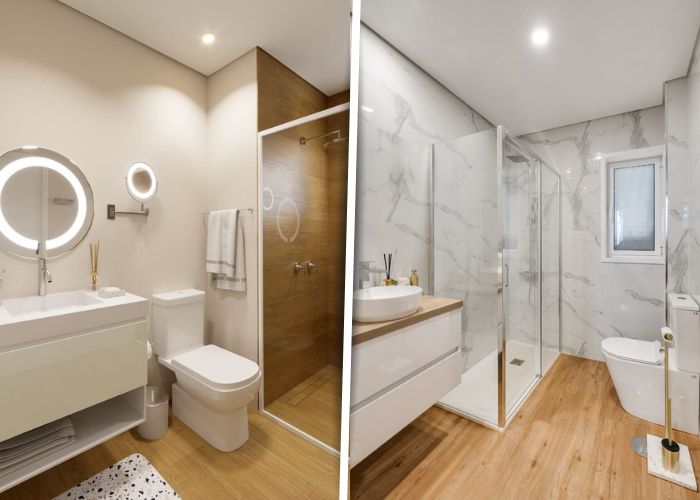 Modelos de banheiro com piso amadeirado e elementos brancos que trazem equilíbrio visual