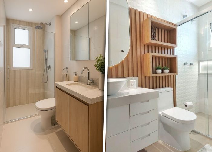 Banheiro branco com detalhes em madeira e acabamento dourado que transmite luxo e modernidade