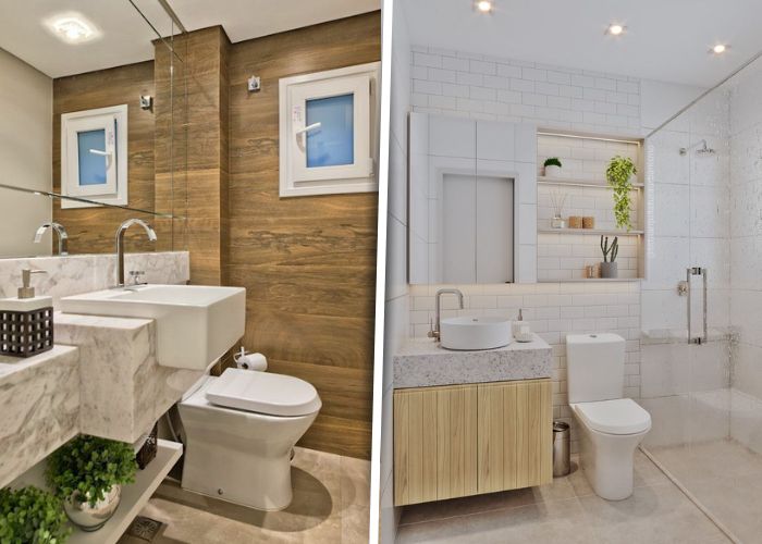 Ideias de banheiro amadeirado com branco e preto, criando contraste sofisticado e atual