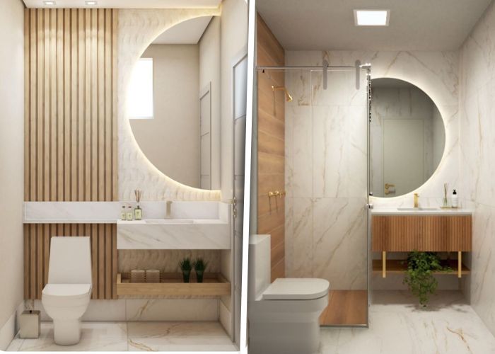 Banheiros amadeirados com branco que combinam elegância e aconchego em projetos modernos