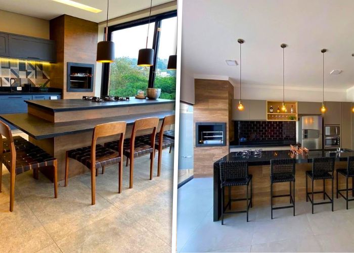 Cozinha integrada com churrasqueira e sala que cria um espaço moderno e aconchegante