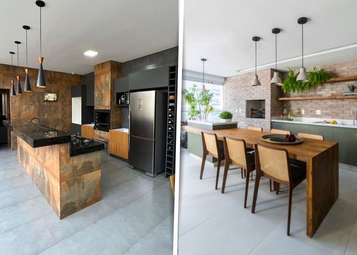 Cozinhas modernas com churrasqueira integrada e acabamento sofisticado