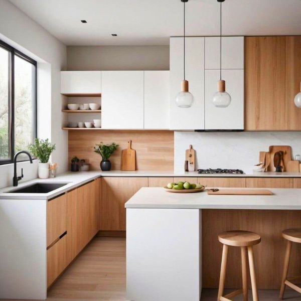 Cozinha branca com madeira e detalhes