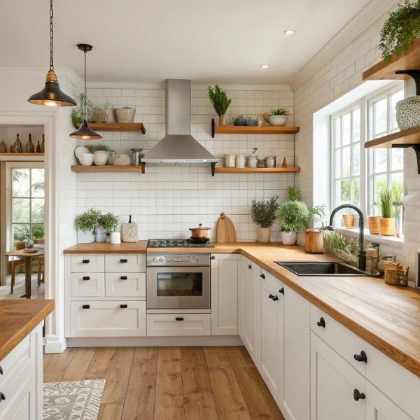 Cozinha branca com madeira clara em estilo moderno