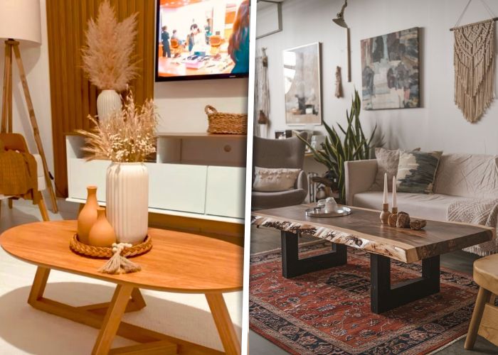 Mesinha de centro da sala decorada com itens simples e sofisticados
