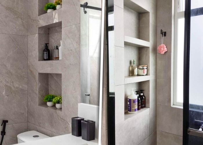 Nicho embutido no banheiro com revestimento diferenciado que chama atenção