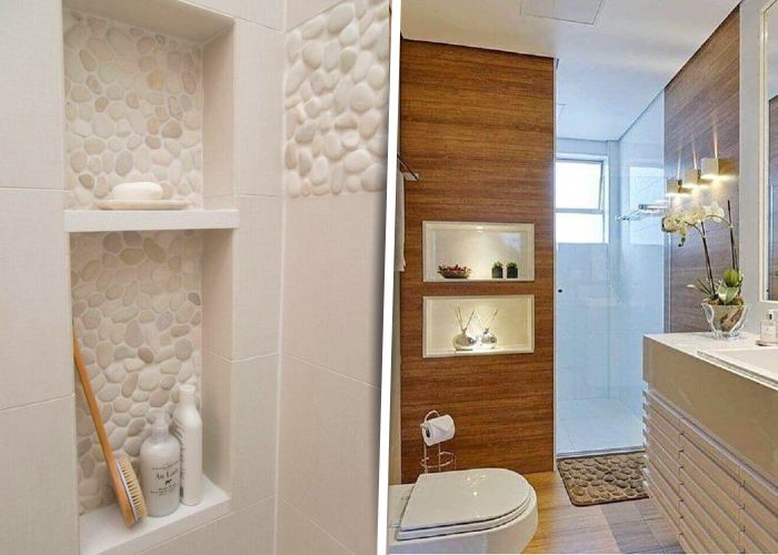 Nichos embutidos no banheiro com acabamento sofisticado e funcional
