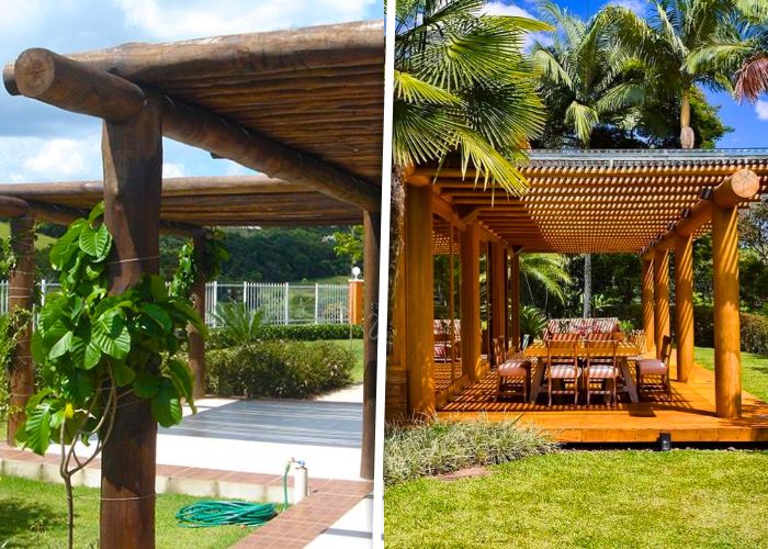 Pergolado com cobertura de eucalipto ideal para áreas externas com visual natural