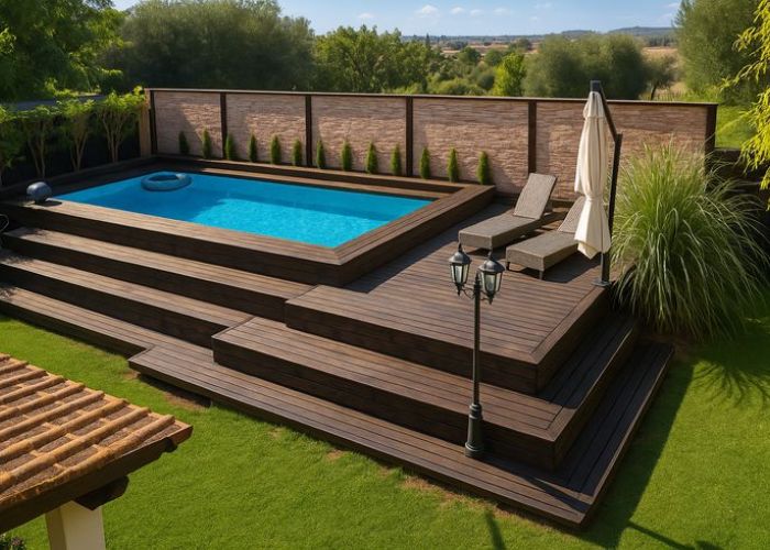 Piscina com deck elevado de madeira que traz um visual moderno e aconchegante para área externa