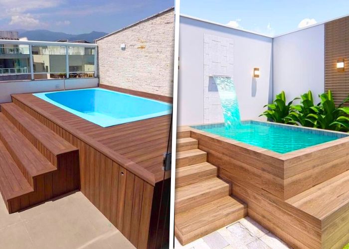 Piscina com deck elevado pequena perfeita para aproveitar melhor espaços compactos com estilo