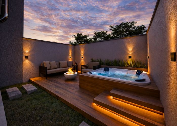 Piscina elevada com deck de madeira perfeita para quem busca um ambiente bonito e aconchegante