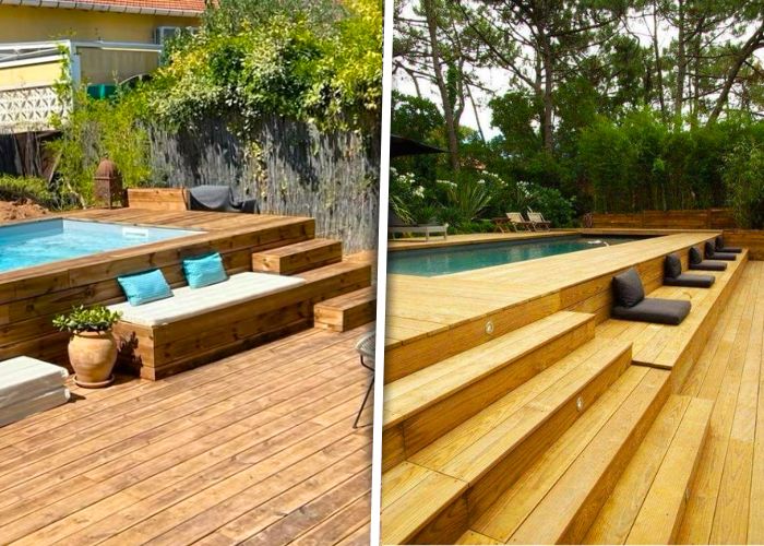 Piscina elevada com deck que transforma a área externa em um ambiente de lazer completo