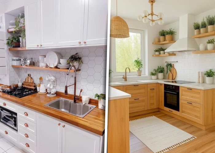 cozinha branca com madeira simples