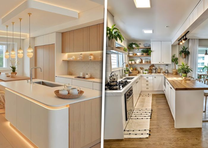 Cozinhas pequenas com madeira clara e armários branco