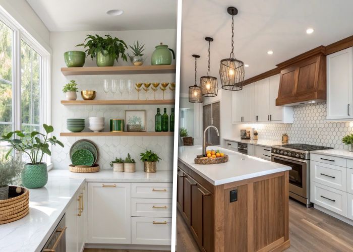 Cozinha branca com madeira e pedra pret