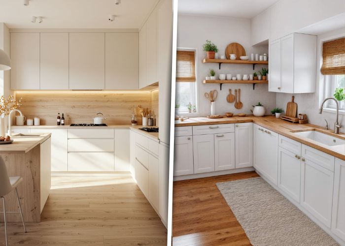 Cozinhas brancas com detalhes em madeira natural