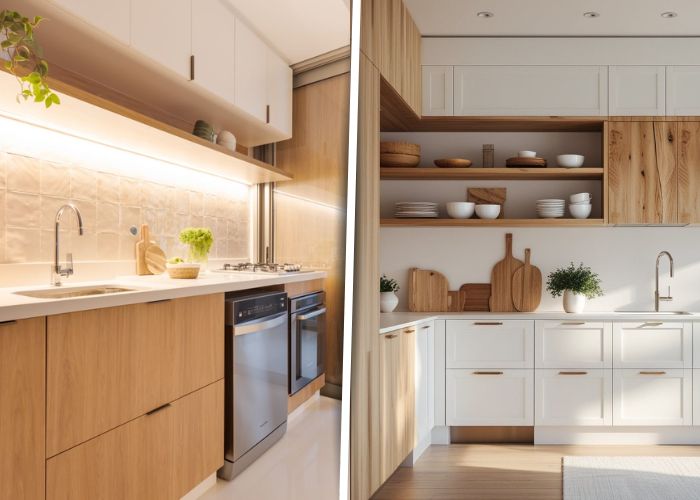 cozinha branca com madeira planejada