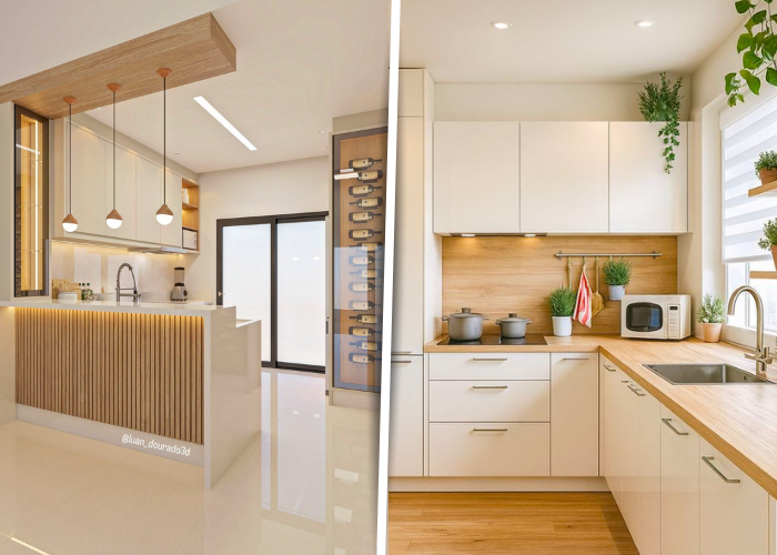 Cozinhas brancas com madeira e acabamento modern